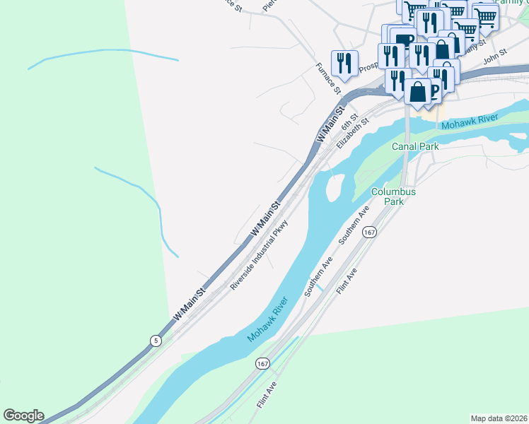 map of restaurants, bars, coffee shops, grocery stores, and more near 380 West Main Street in Little Falls