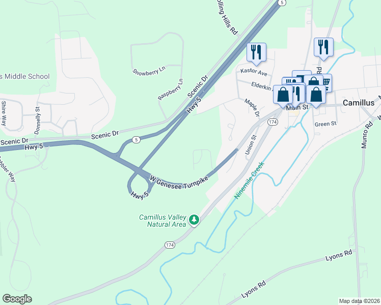 map of restaurants, bars, coffee shops, grocery stores, and more near 134 Camillus Drive in Camillus