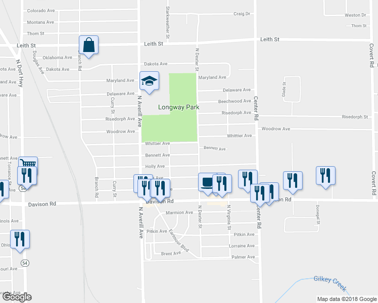 map of restaurants, bars, coffee shops, grocery stores, and more near 3609 Bennett Avenue in Flint