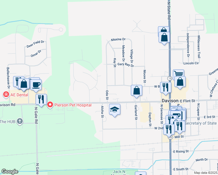 map of restaurants, bars, coffee shops, grocery stores, and more near 713 Oda Street in Davison