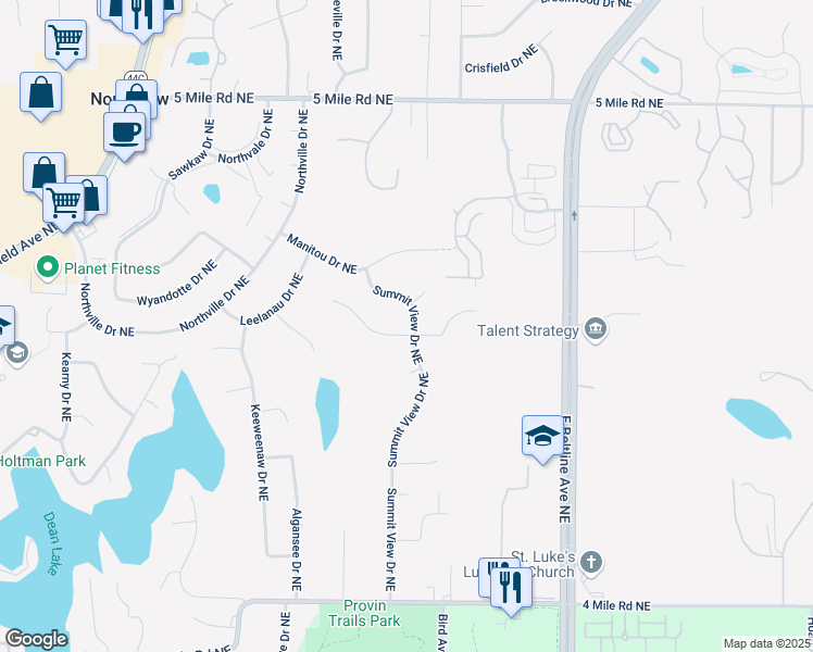 map of restaurants, bars, coffee shops, grocery stores, and more near 4064 Summit View Drive Northeast in Grand Rapids