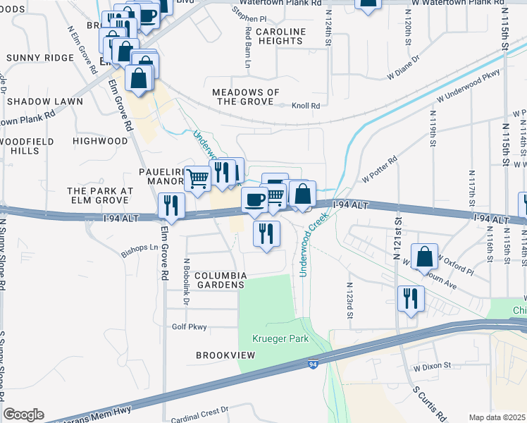 map of restaurants, bars, coffee shops, grocery stores, and more near 12805 West Bluemound Road in Brookfield