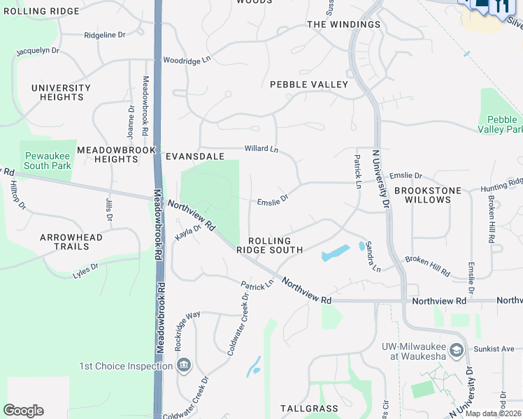 map of restaurants, bars, coffee shops, grocery stores, and more near 2923 Emslie Dr in Waukesha