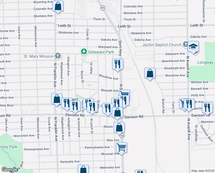 map of restaurants, bars, coffee shops, grocery stores, and more near 2212 Hoff Street in Flint