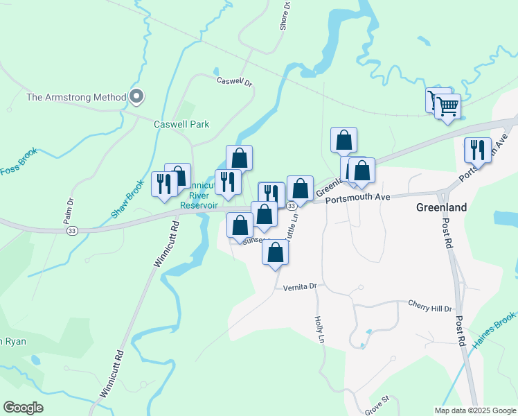 map of restaurants, bars, coffee shops, grocery stores, and more near 672 Portsmouth Avenue in Greenland