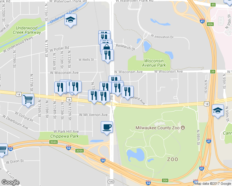 map of restaurants, bars, coffee shops, grocery stores, and more near 510 N Mayfair Rd in Milwaukee
