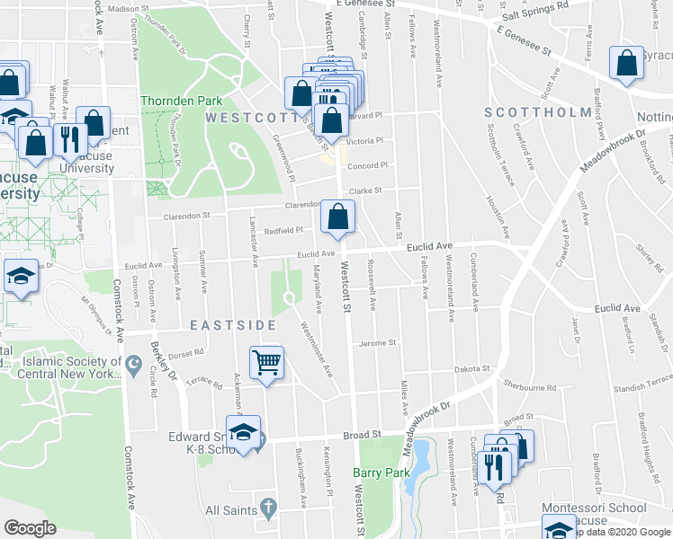 map of restaurants, bars, coffee shops, grocery stores, and more near 826 Euclid Avenue in Syracuse