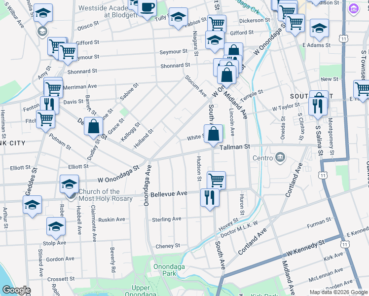 map of restaurants, bars, coffee shops, grocery stores, and more near 123 White Street in Syracuse