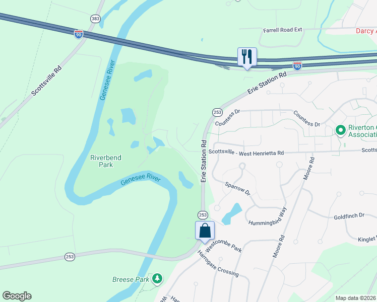 map of restaurants, bars, coffee shops, grocery stores, and more near 52 Fieldstone Lane in West Henrietta