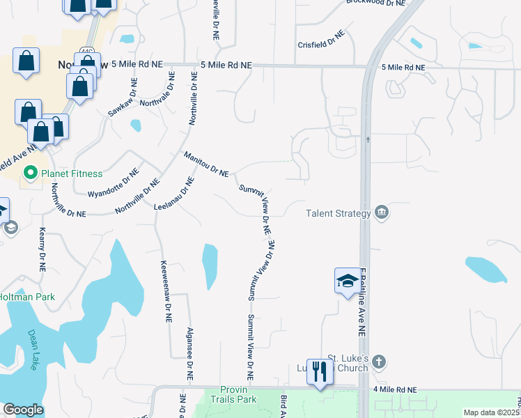 map of restaurants, bars, coffee shops, grocery stores, and more near 4064 Summit View Drive Northeast in Grand Rapids