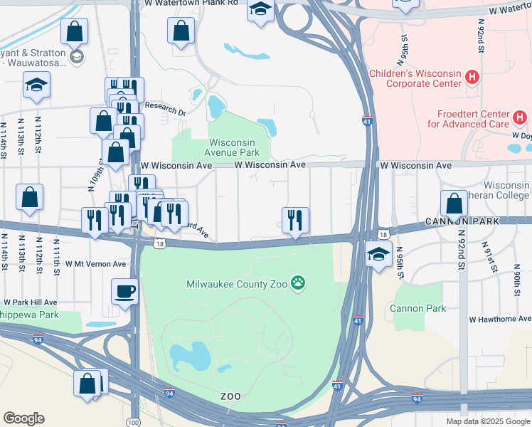 map of restaurants, bars, coffee shops, grocery stores, and more near 532-600 North 103rd Street in Wauwatosa
