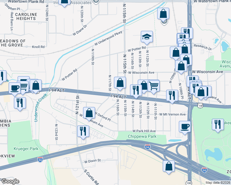 map of restaurants, bars, coffee shops, grocery stores, and more near 503 North 116th Street in Wauwatosa