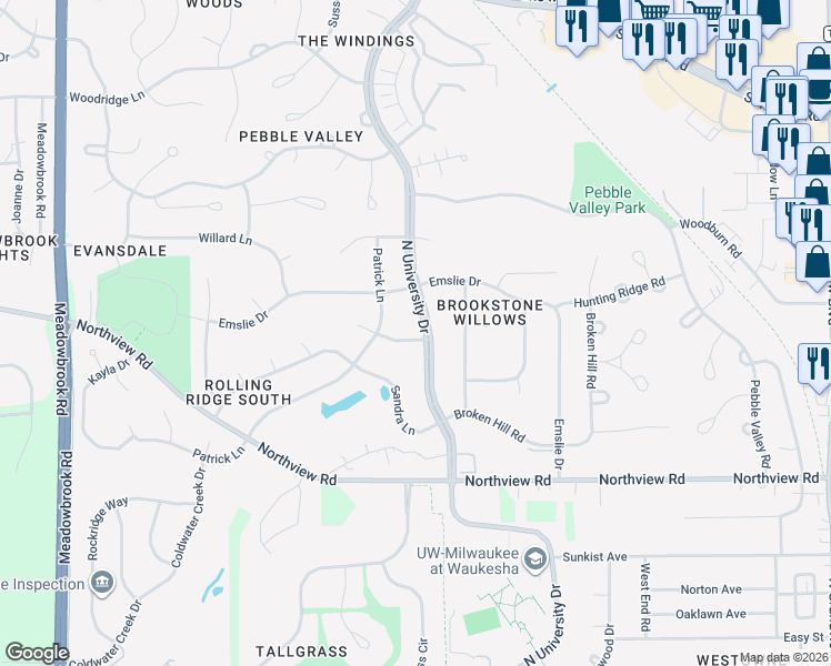 map of restaurants, bars, coffee shops, grocery stores, and more near 2354 North University Drive in Waukesha