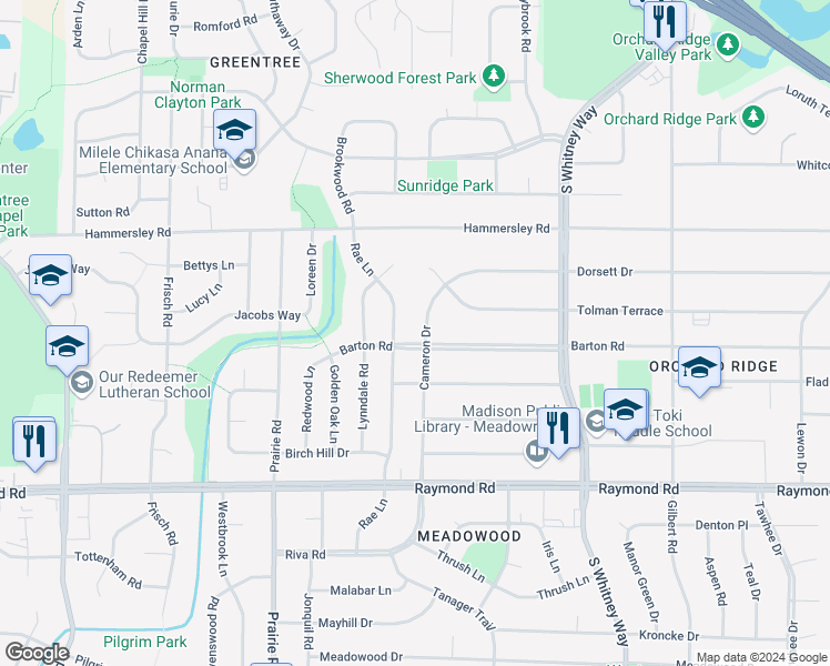 map of restaurants, bars, coffee shops, grocery stores, and more near 1509 Rae Lane in Madison