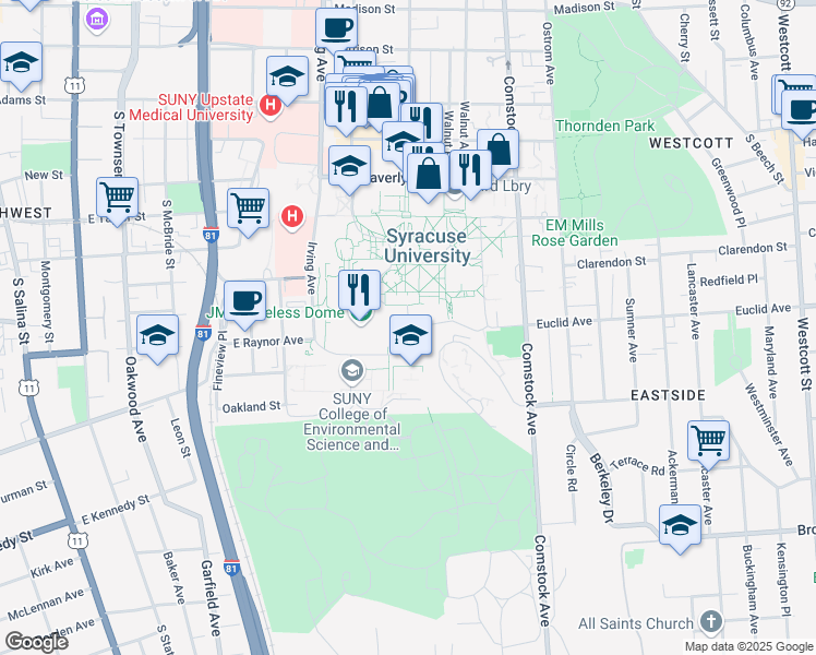 map of restaurants, bars, coffee shops, grocery stores, and more near 150 Sims Drive in Syracuse
