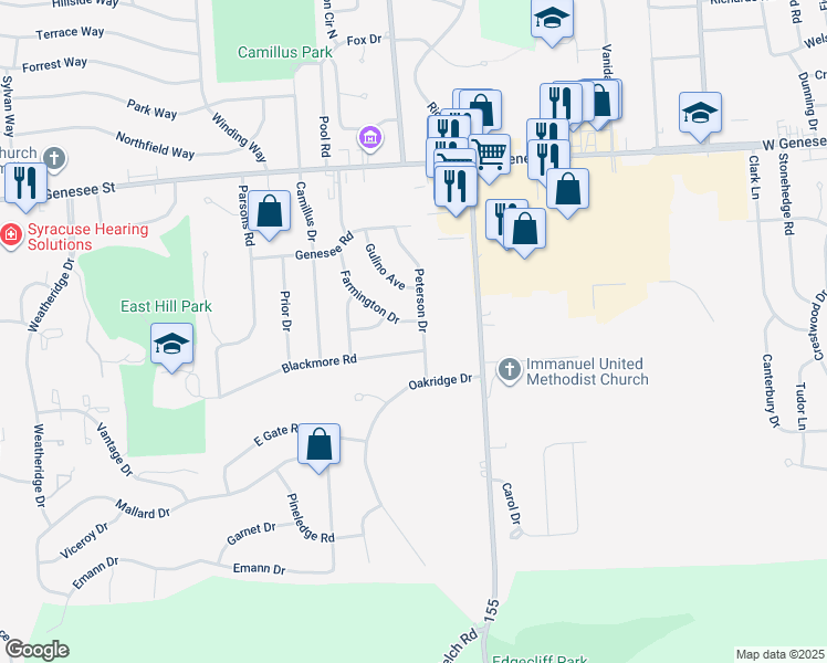 map of restaurants, bars, coffee shops, grocery stores, and more near 103 Peterson Drive in Camillus