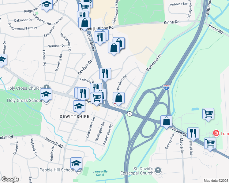map of restaurants, bars, coffee shops, grocery stores, and more near 19 Wexford Road in Syracuse