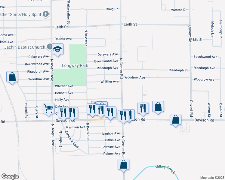 map of restaurants, bars, coffee shops, grocery stores, and more near 2211 Center Road in Flint