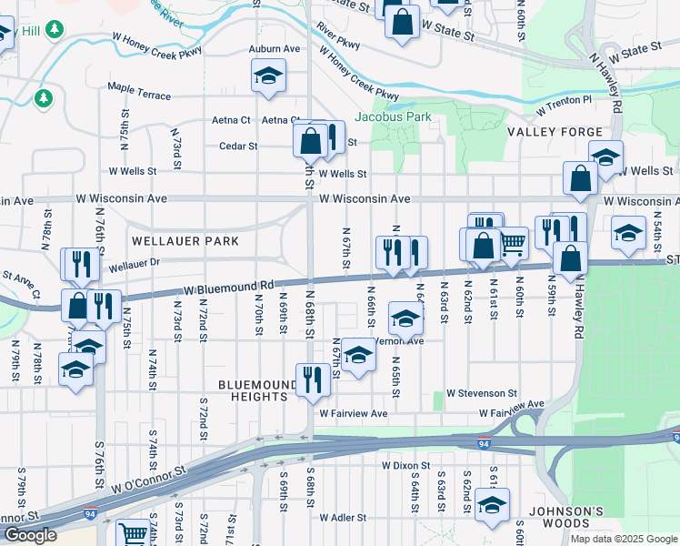 map of restaurants, bars, coffee shops, grocery stores, and more near 515 North 67th Street in Wauwatosa