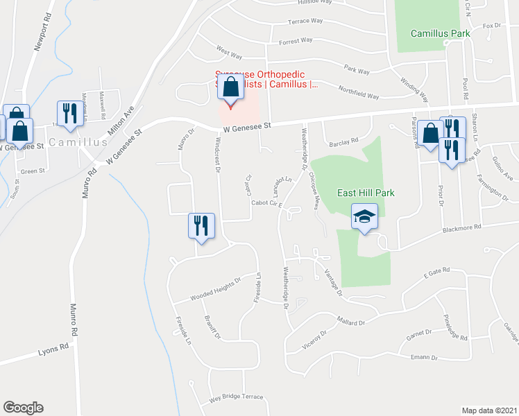 map of restaurants, bars, coffee shops, grocery stores, and more near 121 Rebhahn Drive in Camillus