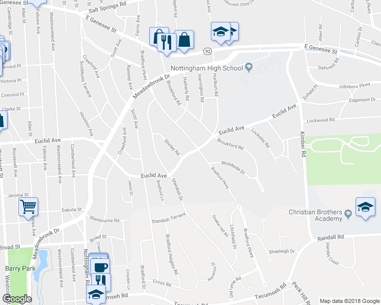 map of restaurants, bars, coffee shops, grocery stores, and more near 1901 Euclid Avenue in Syracuse