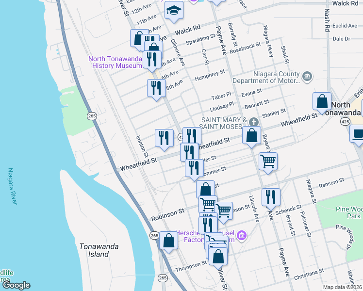 map of restaurants, bars, coffee shops, grocery stores, and more near 512 Oliver Street in North Tonawanda