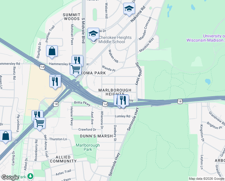 map of restaurants, bars, coffee shops, grocery stores, and more near 4246 Doncaster Drive in Madison