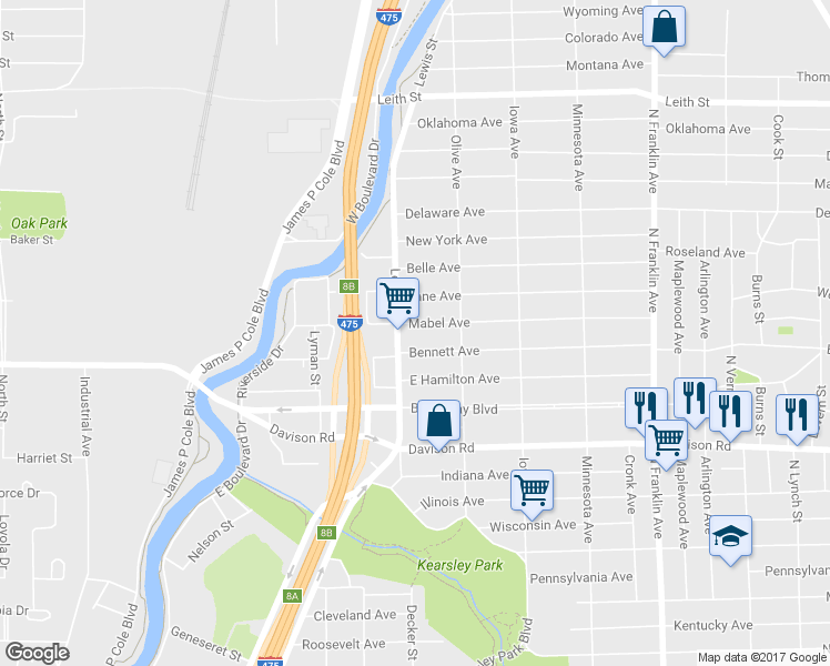 map of restaurants, bars, coffee shops, grocery stores, and more near 1412 Mabel Avenue in Flint