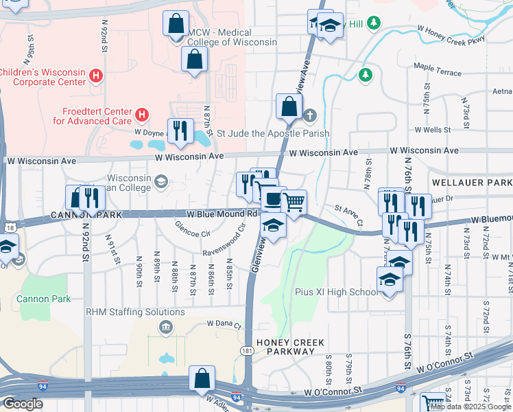 map of restaurants, bars, coffee shops, grocery stores, and more near 8320 U.S. 18 in Wauwatosa