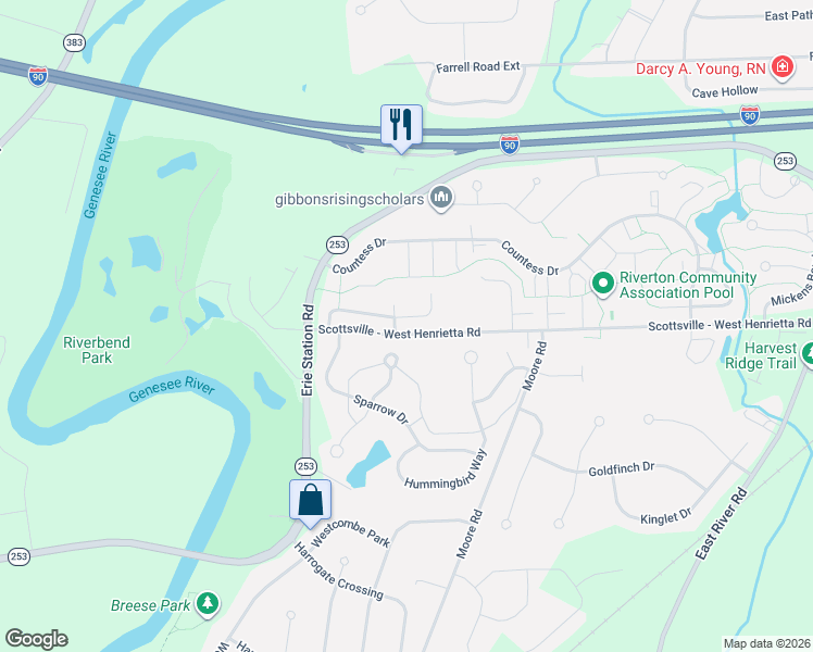 map of restaurants, bars, coffee shops, grocery stores, and more near 5 Trillium Lane in West Henrietta