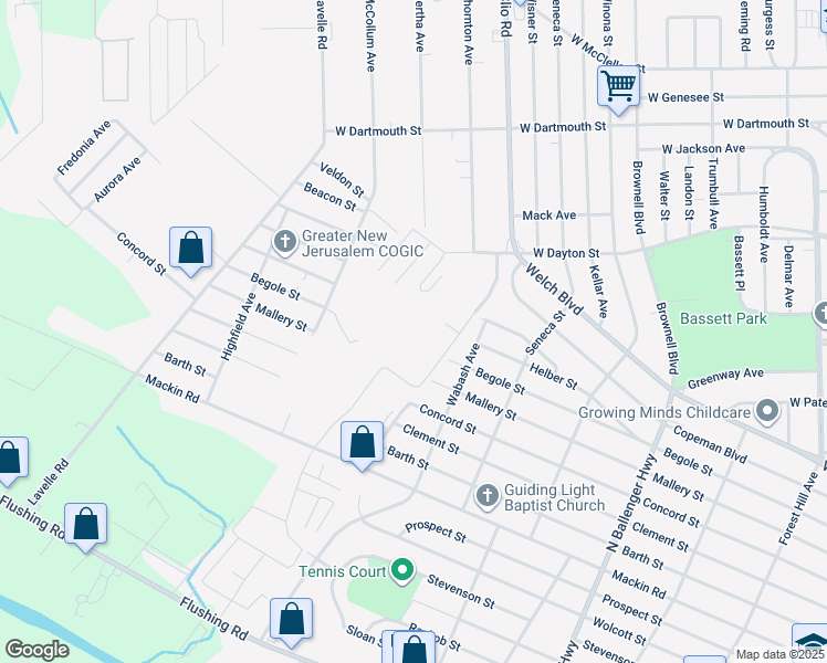 map of restaurants, bars, coffee shops, grocery stores, and more near 3284 Mackin Road in Flint