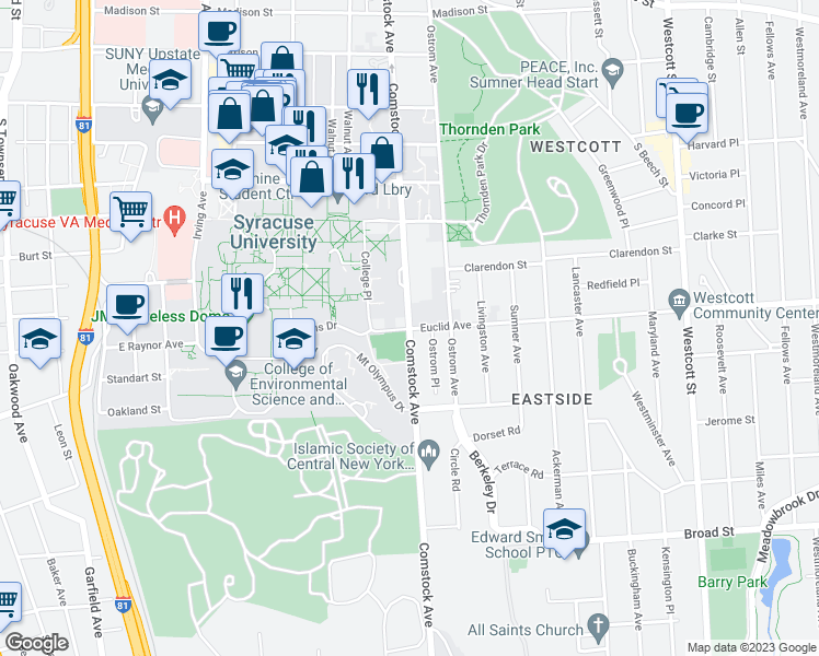 map of restaurants, bars, coffee shops, grocery stores, and more near 201 Euclid Avenue in Syracuse