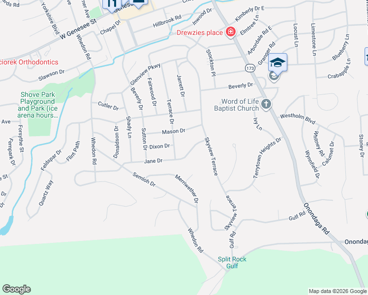 map of restaurants, bars, coffee shops, grocery stores, and more near 112 Jane Dr in Syracuse