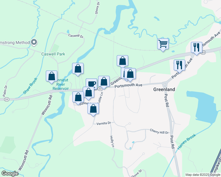 map of restaurants, bars, coffee shops, grocery stores, and more near 603 Portsmouth Avenue in Greenland