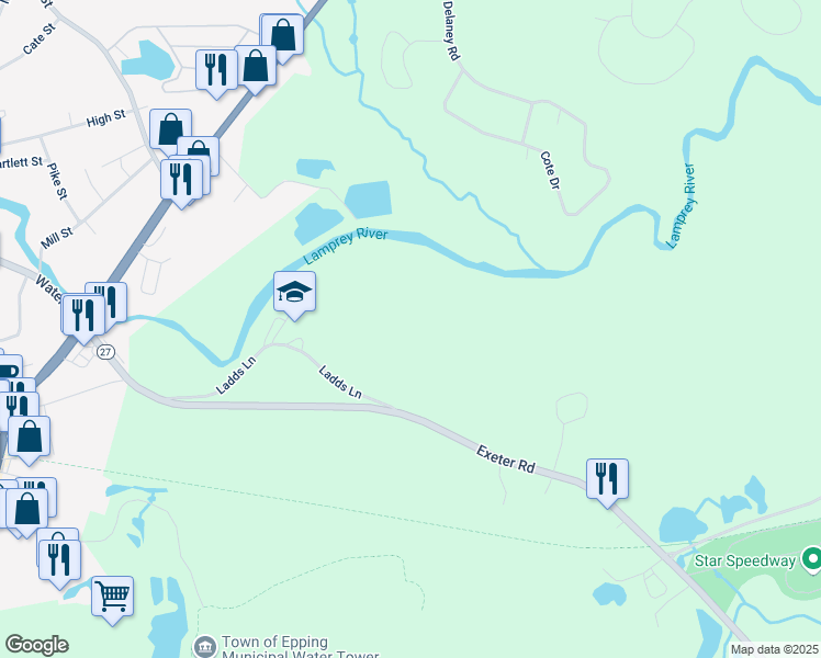 map of restaurants, bars, coffee shops, grocery stores, and more near 38 Ladds Lane in Epping
