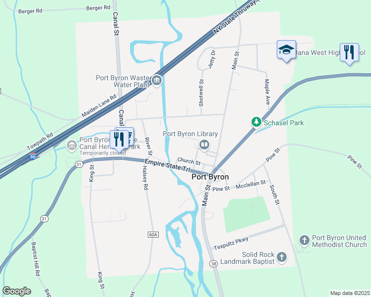 map of restaurants, bars, coffee shops, grocery stores, and more near 27 Church Street in Port Byron