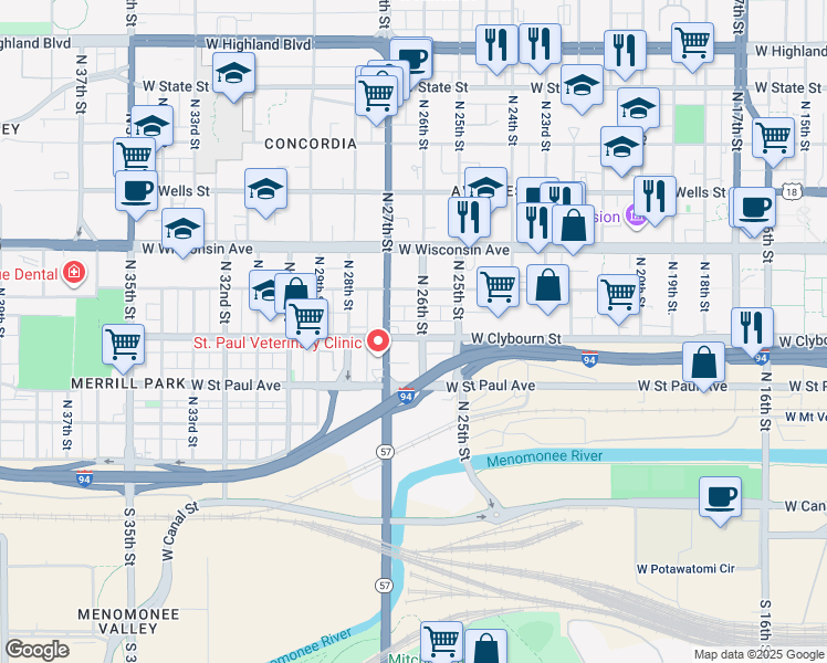 map of restaurants, bars, coffee shops, grocery stores, and more near 511 North 26th Street in Milwaukee