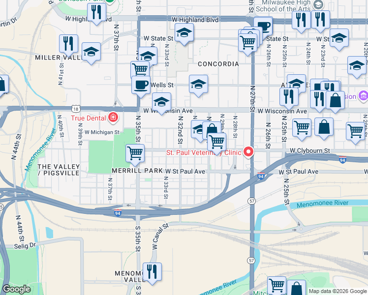 map of restaurants, bars, coffee shops, grocery stores, and more near in Milwaukee