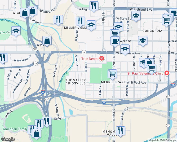 map of restaurants, bars, coffee shops, grocery stores, and more near 510 North 39th Street in Milwaukee
