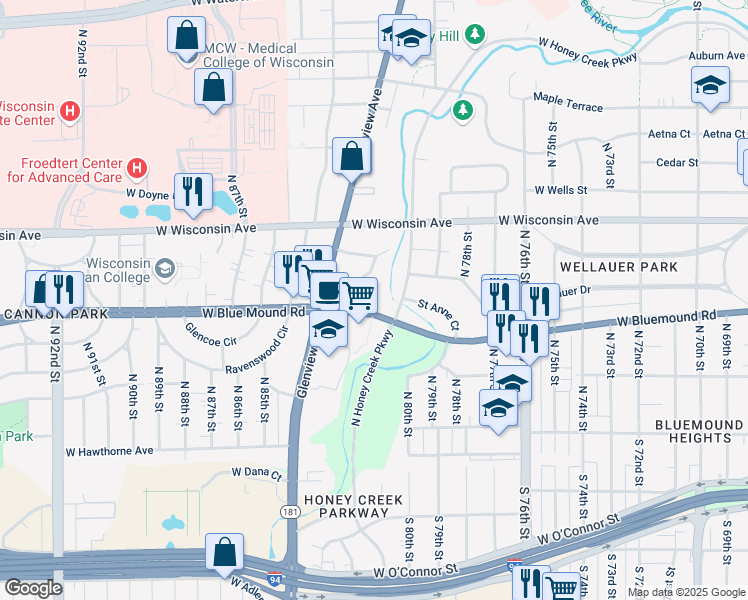 map of restaurants, bars, coffee shops, grocery stores, and more near 8112 West Bluemound Road in Milwaukee