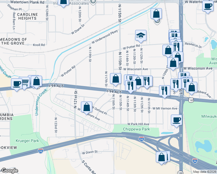 map of restaurants, bars, coffee shops, grocery stores, and more near 503 North 116th Street in Wauwatosa