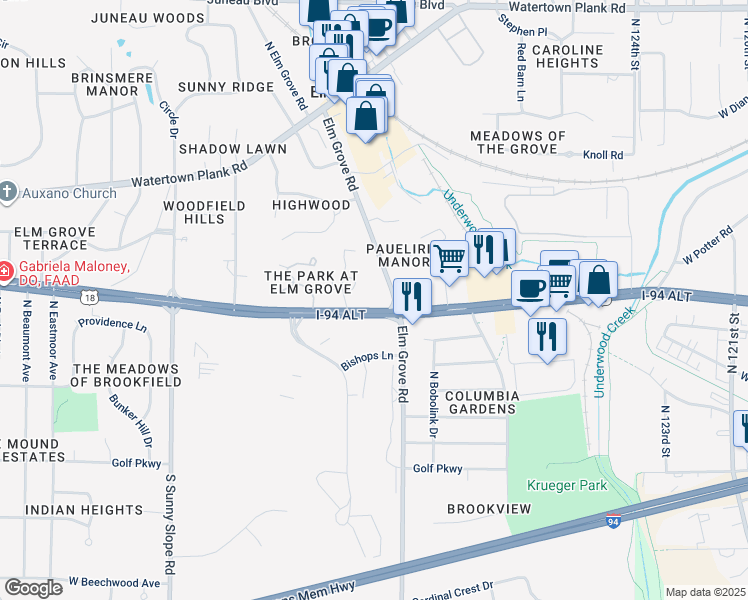 map of restaurants, bars, coffee shops, grocery stores, and more near 13200 West Bluemound Road in Elm Grove