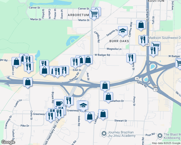 map of restaurants, bars, coffee shops, grocery stores, and more near 2605 Fish Hatchery Road in Madison