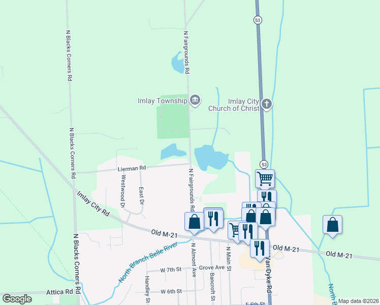 map of restaurants, bars, coffee shops, grocery stores, and more near 655 North Fairgrounds Road in Imlay City