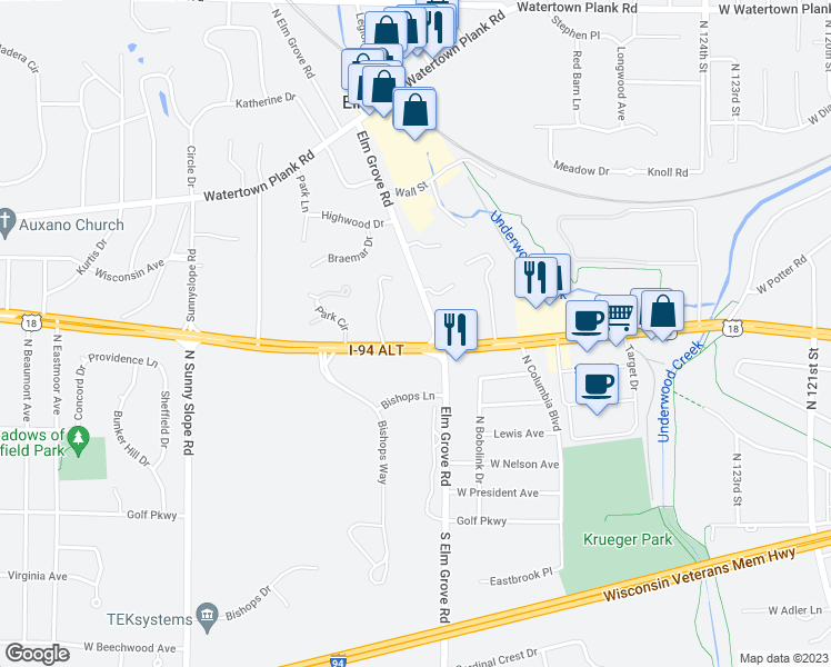 map of restaurants, bars, coffee shops, grocery stores, and more near 13200 West Bluemound Road in Elm Grove