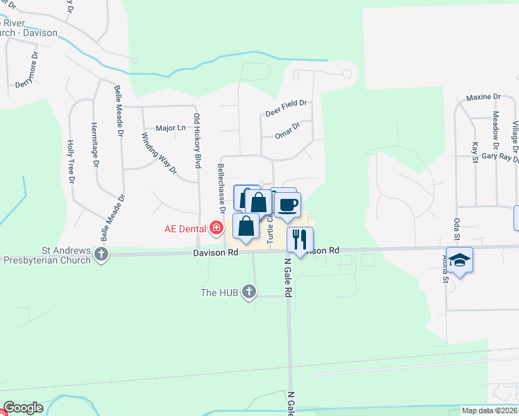 map of restaurants, bars, coffee shops, grocery stores, and more near 2065 West Ridge Drive in Davison