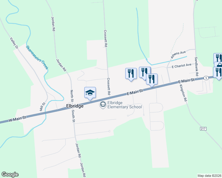 map of restaurants, bars, coffee shops, grocery stores, and more near 5480 Crossett Road in Elbridge