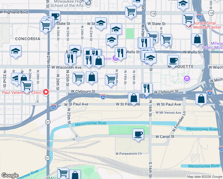 map of restaurants, bars, coffee shops, grocery stores, and more near 2020 West Clybourn Street in Milwaukee