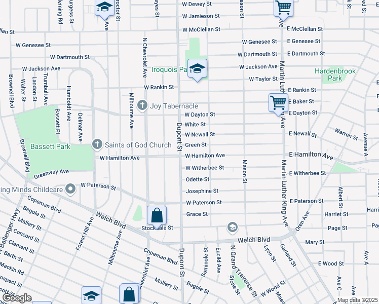 map of restaurants, bars, coffee shops, grocery stores, and more near 601 Green Street in Flint