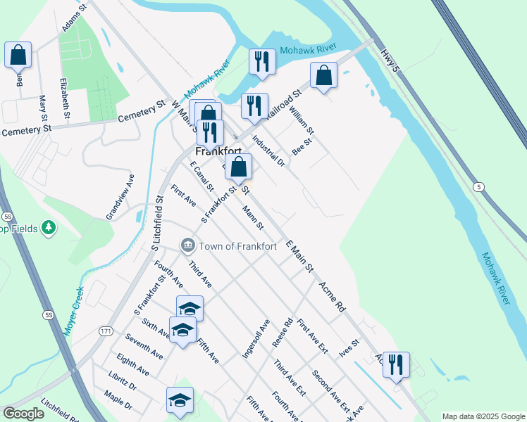 map of restaurants, bars, coffee shops, grocery stores, and more near East Main Street in Frankfort